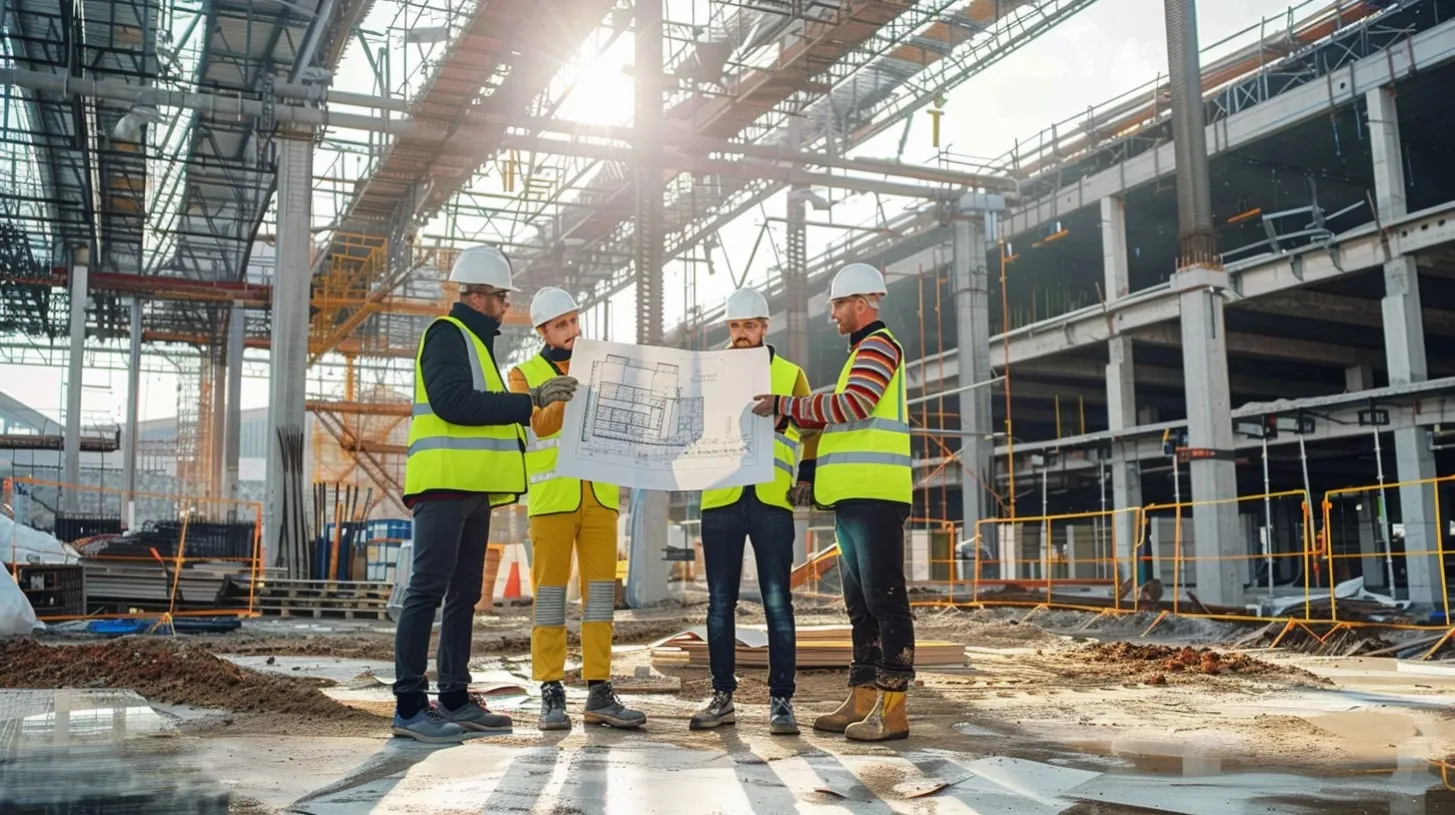 Construction Workers In High Visibility Jackets in Discussion Over Plans on Facility Build Site