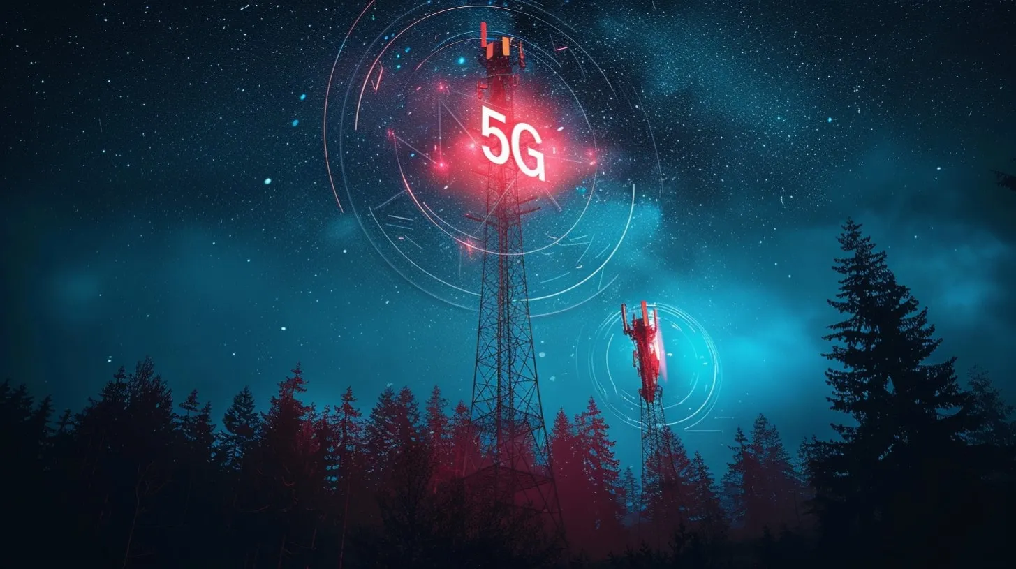 Torre celular 5G irradia frecuencias entre árboles bajo un cielo nocturno estrellado en zona rural