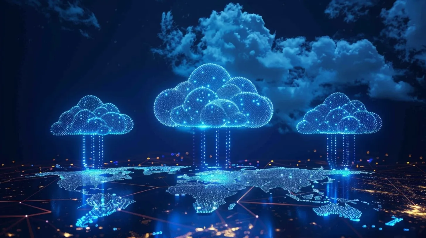 Iconos de informática se desplazan sobre el mapa digital de la infraestructura mundial