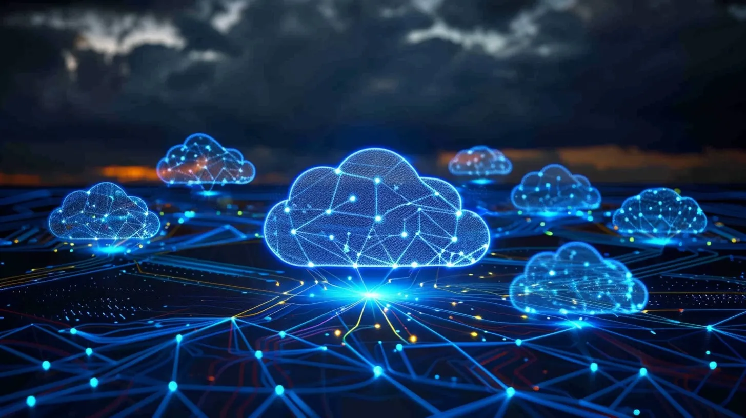 Computación en red se cierne sobre la placa de circuito bajo un cielo tormentoso en la noche con conectividad