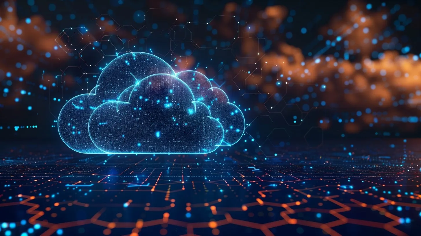 Nodos de infraestructura se ciernen sobre una red de conexiones digitales brillantemente iluminadas en la oscuridad