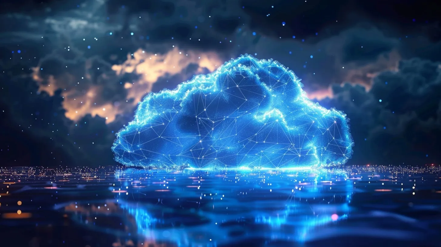 Infraestructura informática de neón brillante flota sobre luces reflectantes bajo información