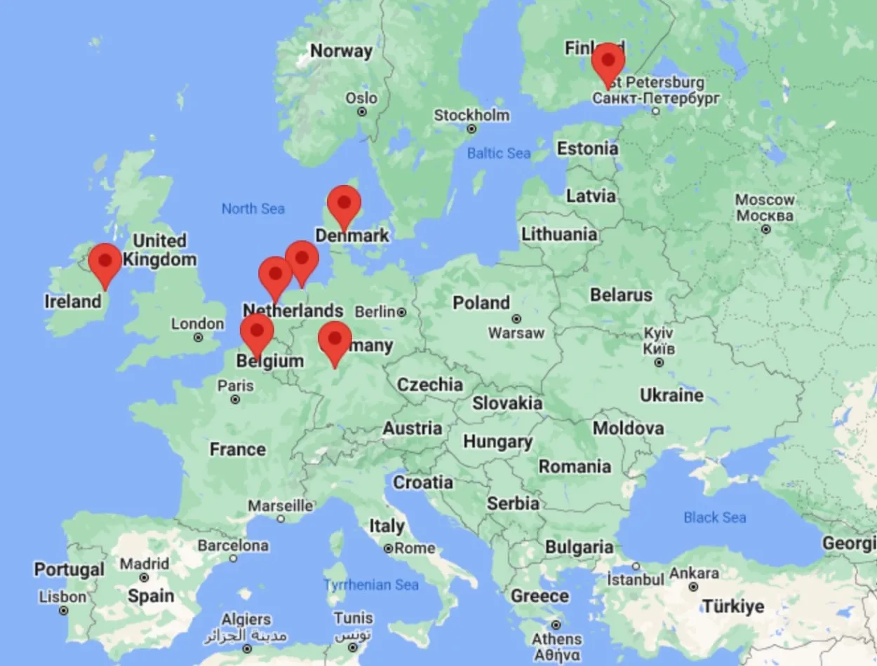 Mapa de los Centros de Datos Operativos de Google Cloud Ubicados en Europa con Pines en el Mapa