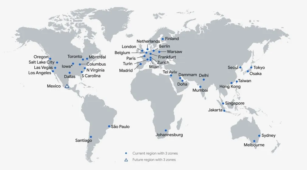Mapa de ubicaciones de zonas de disponibilidad y regiones de GCP de Google Cloud Platform a 2024