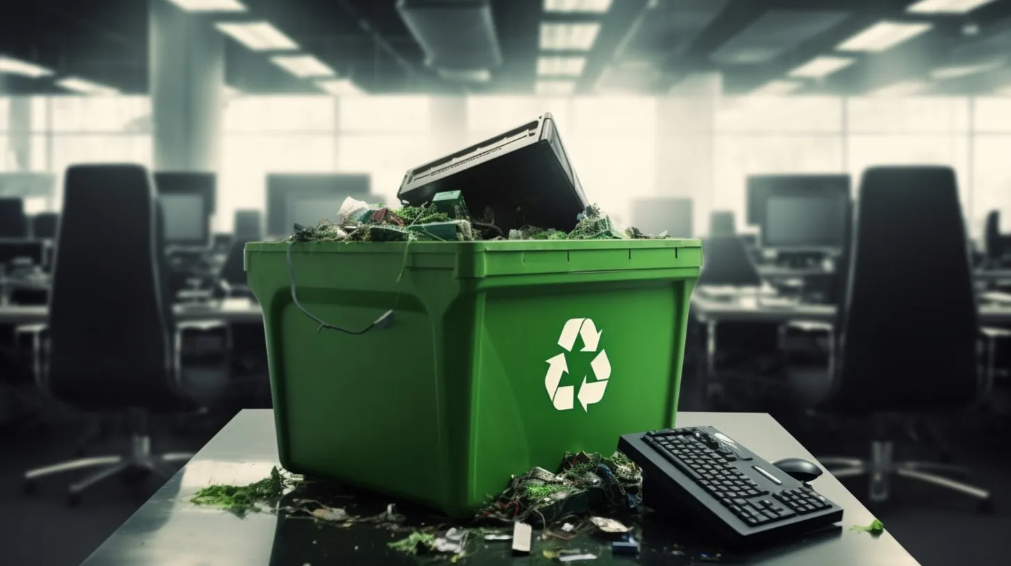 Papelera de reciclaje verde llena de residuos electrónicos también conocida como E-Waste