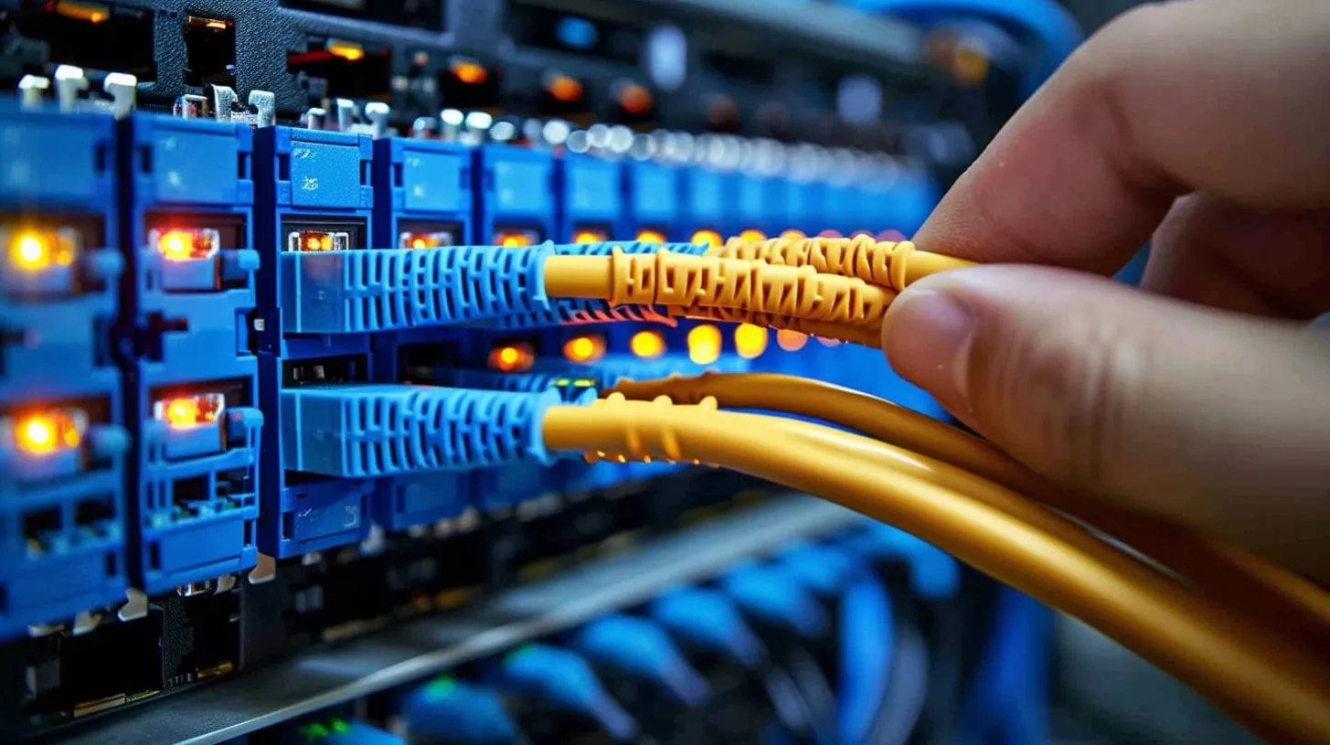 Ingeniero de TI sostiene un paquete de cables de red para conexión a equipos de servidor