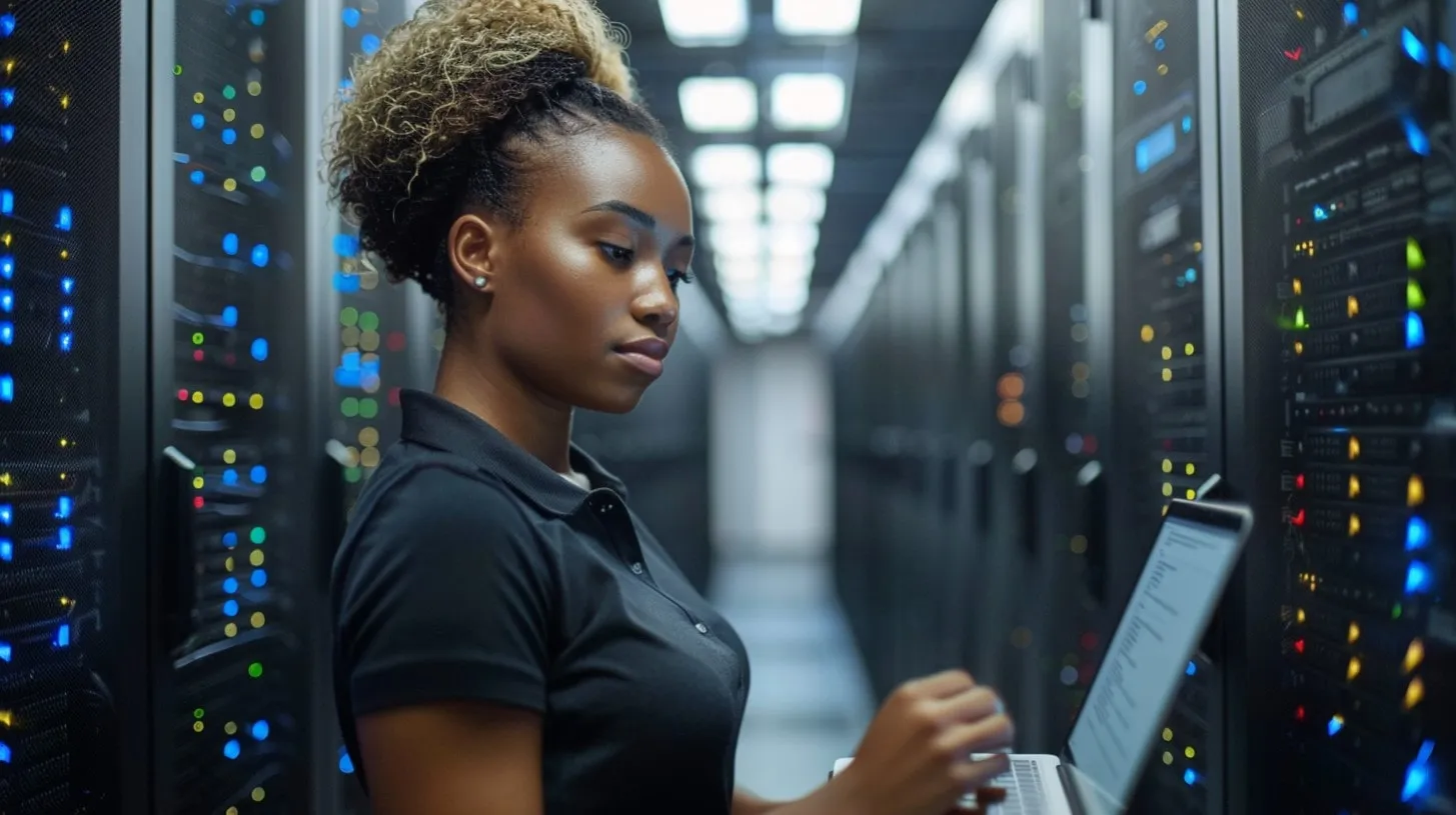 Monitoreo de Hardware de Dispositivos de Red de Almacenamiento de Servidores Mujer con Laptop analiza Sala de Computación