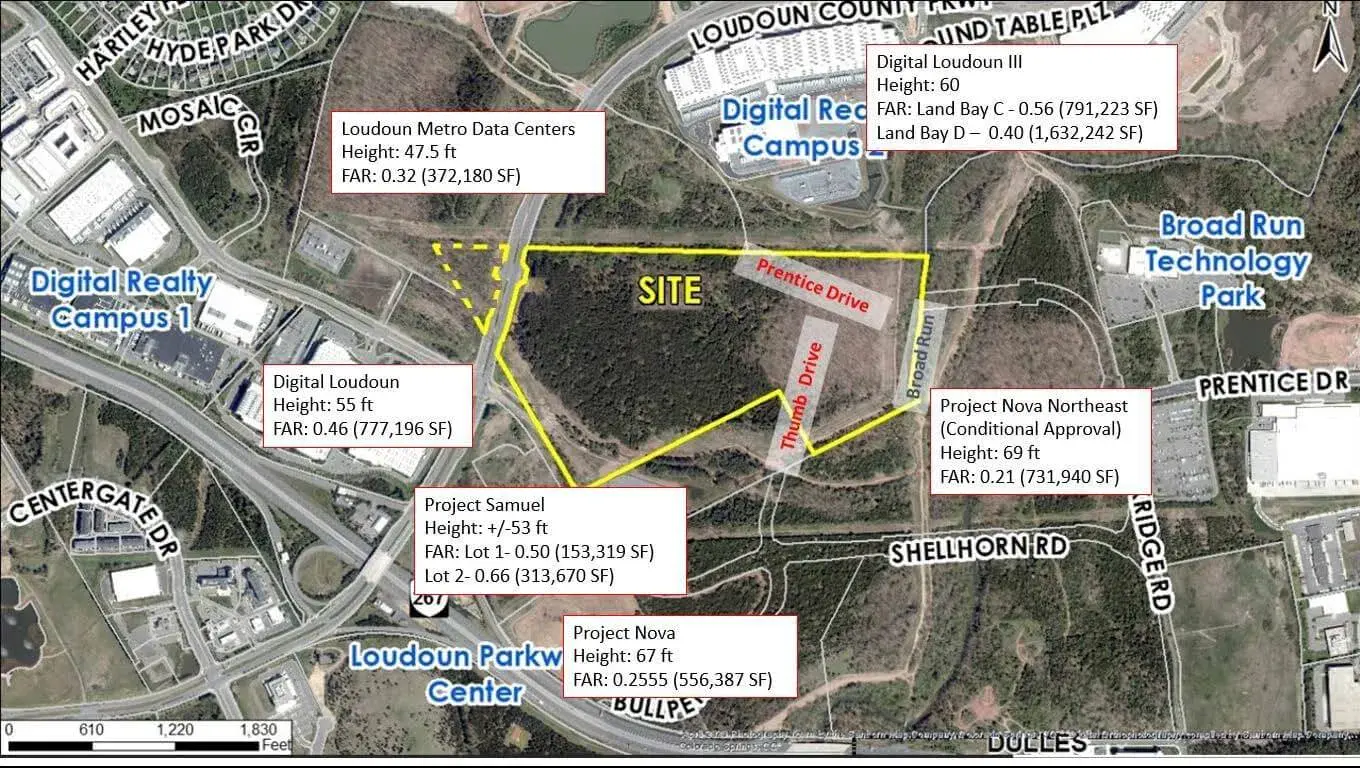 Altura y densidad de los centros de datos que rodean CloudHQ Dulles Berry