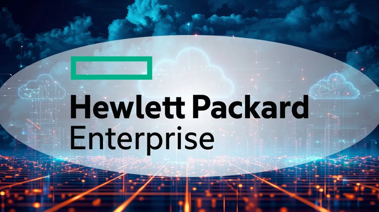 Hewlett Packard Enterprise HPE en un paisaje urbano con infraestructura digital de conexiones en la nube