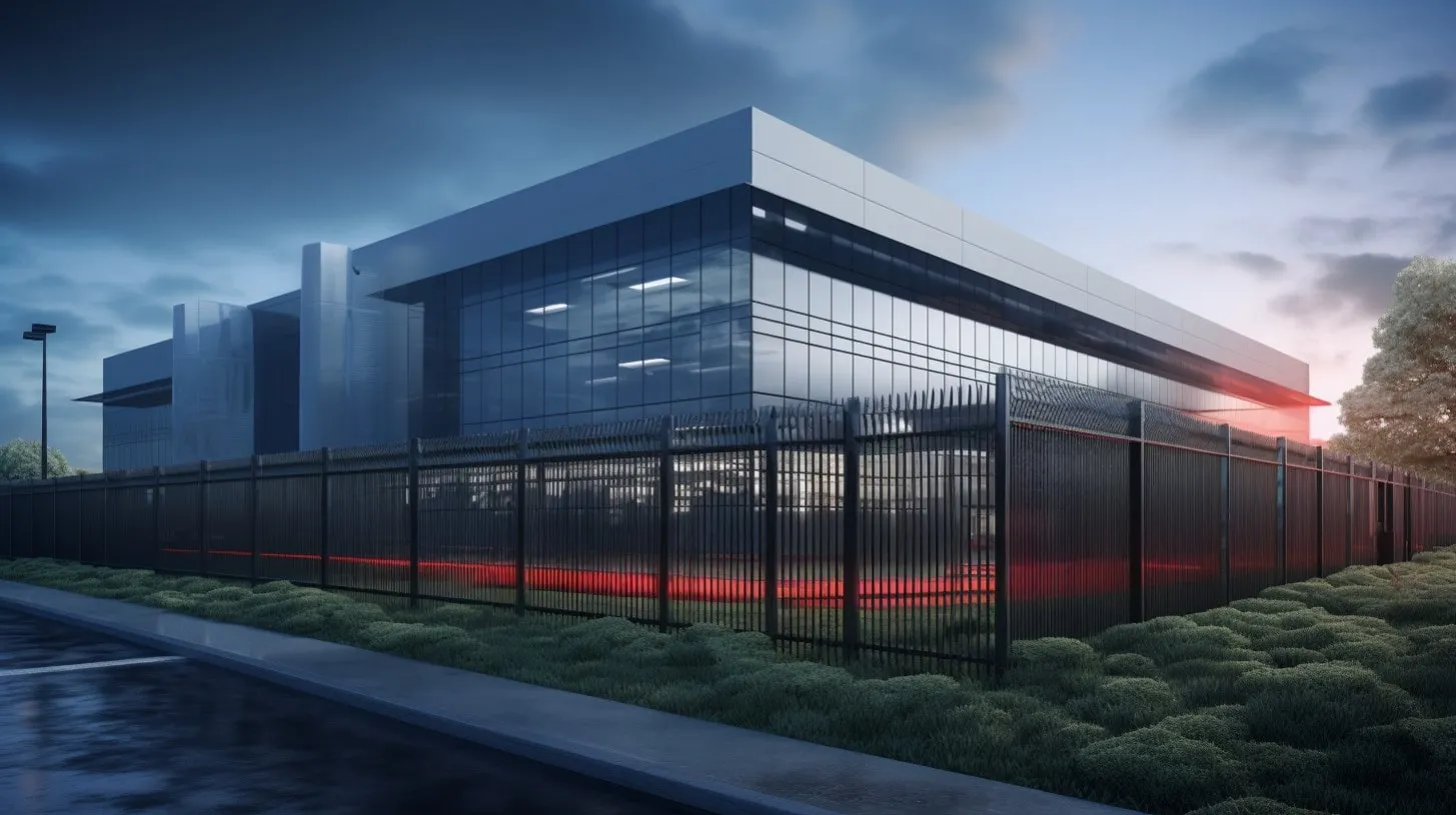 Semáforo en rojo del cerco perimetral de seguridad alrededor de las instalaciones