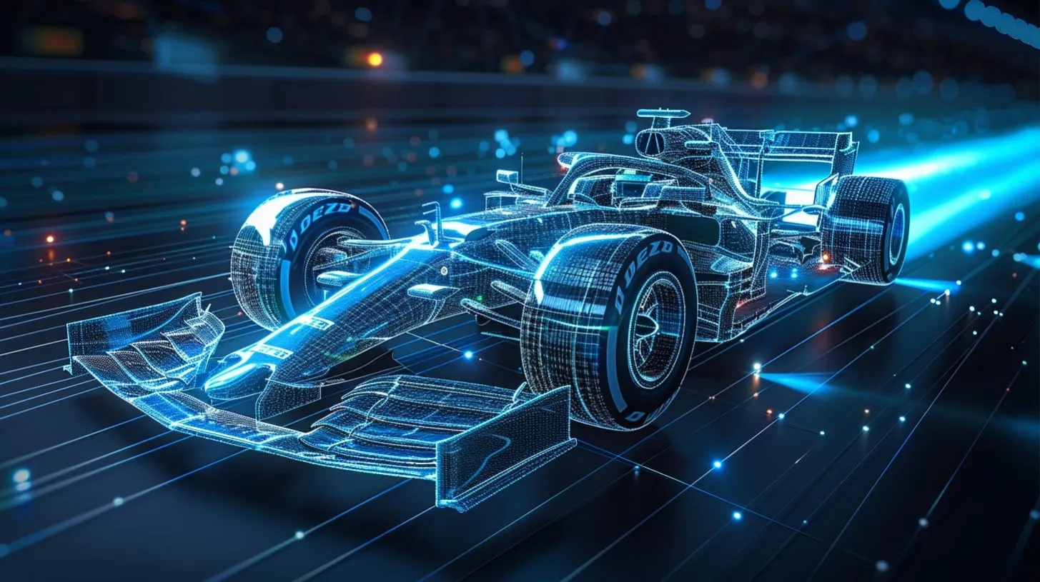 El auto holográfico de Fórmula Uno acelera en una cuadrícula oscura con estelas de luz detrás