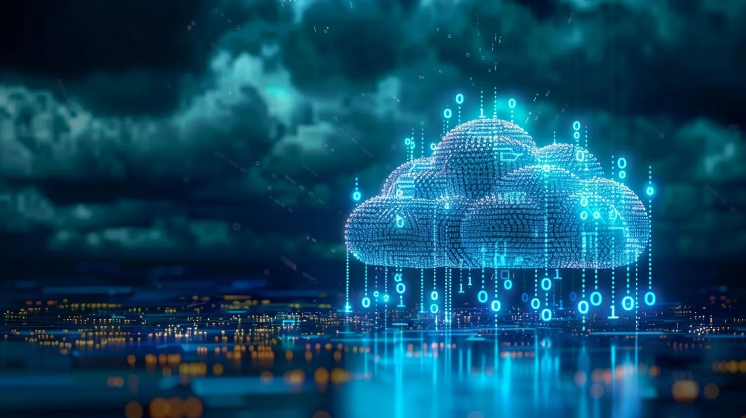 Nube híbrida funciona con código binario digital flota sobre la infraestructura urbana