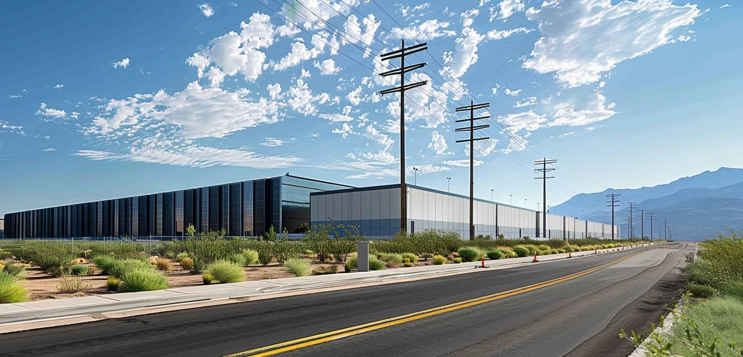 Energía suministrada a centros de datos en paisaje desértico con líneas de transmisión aéreas cielo despejado