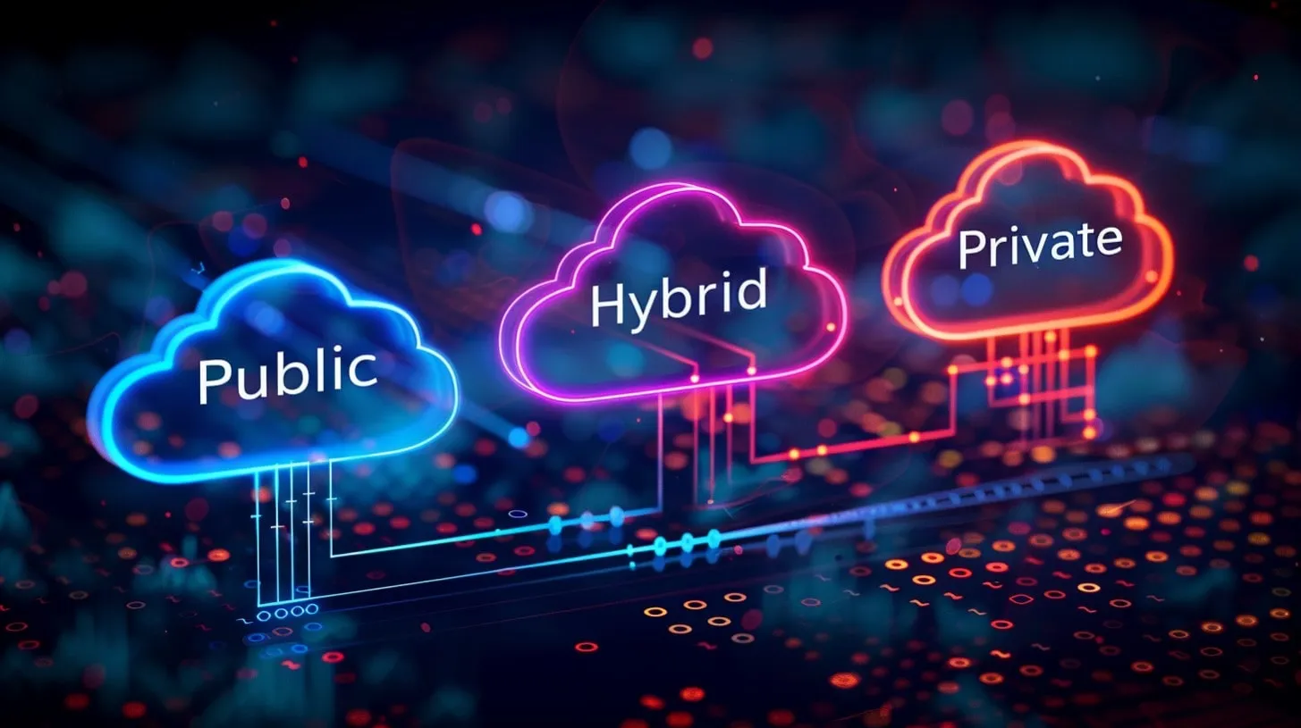 Arquitectura de nube híbrida, iconos brillantes etiquetados como infraestructura pública híbrida privada