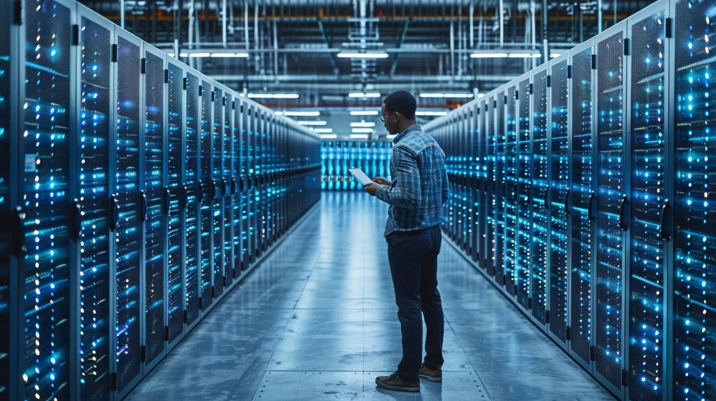 Proveedores de nube híbrida entre filas de servidores en centro de datos con redes de Tablet IT