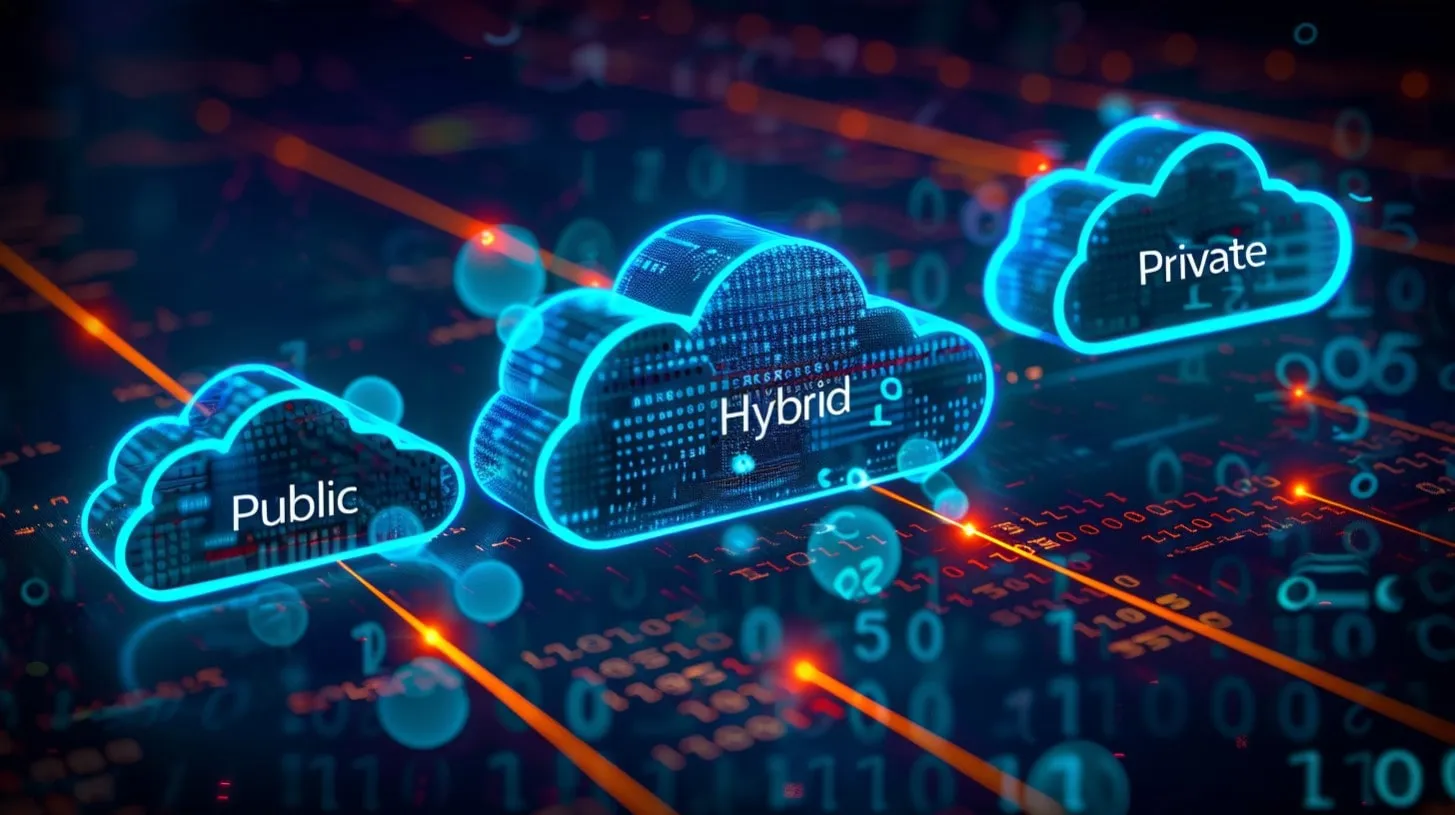Nube Híbrida vs Iconos de Neón Brillantes Públicos y Privados Etiquetas Infraestructura Digital