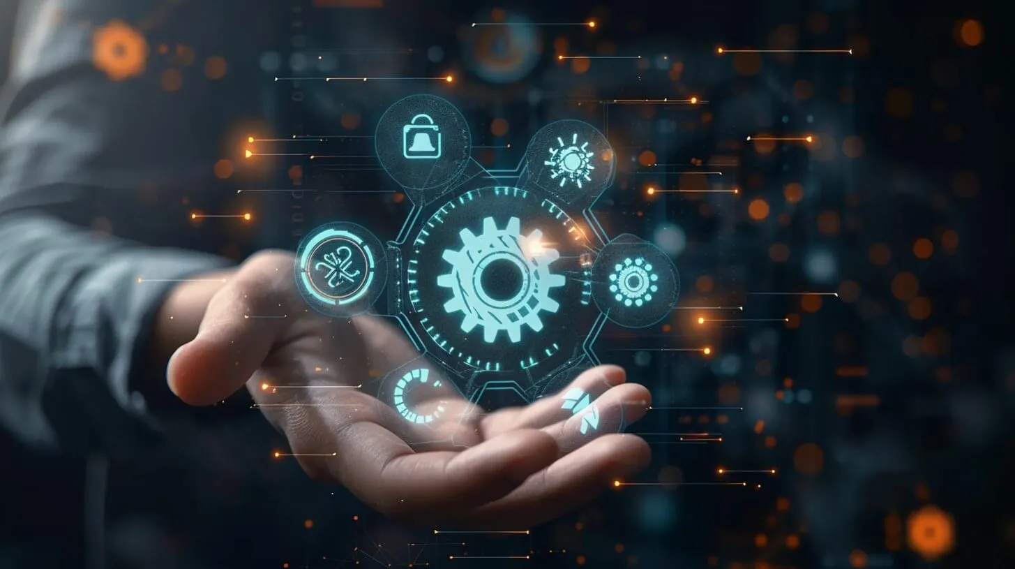 Actualizaciones de infraestructura y sistemas con interfaz Gears y otros íconos en círculo