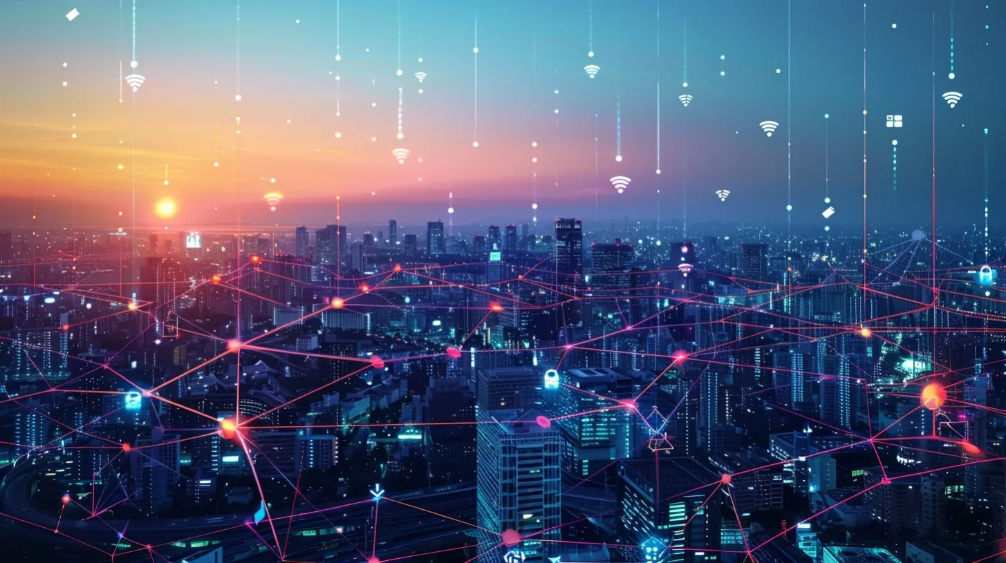 Conexiones de Internet de las cosas IoT mostradas en una ciudad al atardecer con nodos de comunicación digital y datos