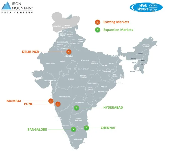 Mapa de la empresa conjunta del centro de datos de Iron Mountain Web Werks India