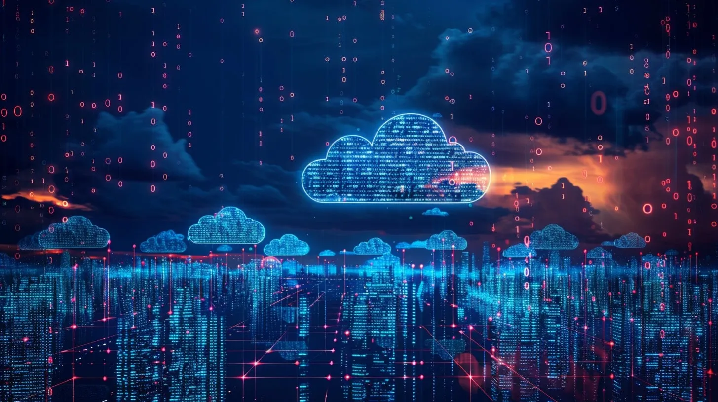 Paisaje urbano azul digital seguro de nube privada con elementos de seguridad de código binario de nubes brillantes