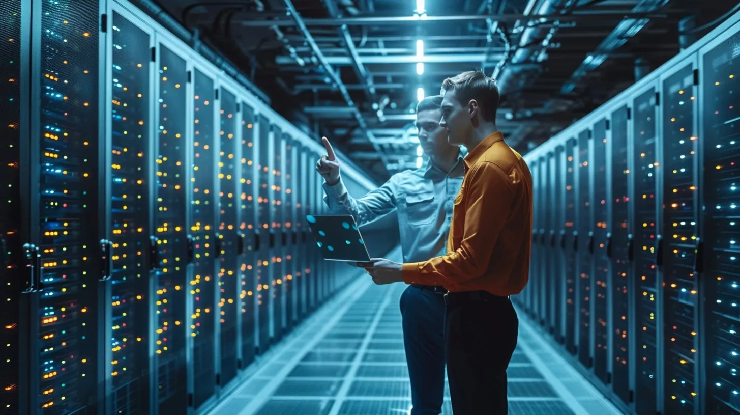 Ingenieros de TI analizan datos en una computadora portátil en una sala de servidores iluminada por luces