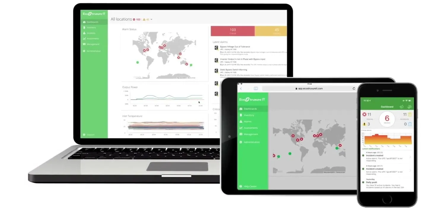 Interfaces de TI que se muestran en computadora portátil, tableta, teléfono inteligente, en secuencia, con gráficos, mapas, notificaciones de alarmas