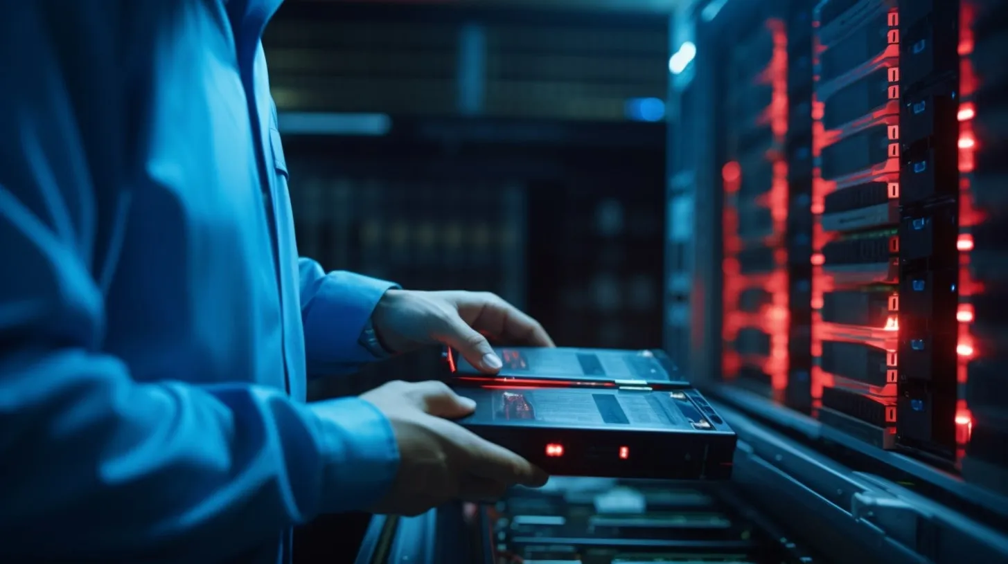 Técnico TI implementa seguridad de servidores en rack dentro de Data Center