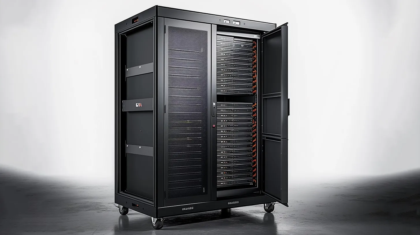 Componentes clave de un microcentro de datos con un gabinete que muestra equipos de red sobre ruedas en una habitación