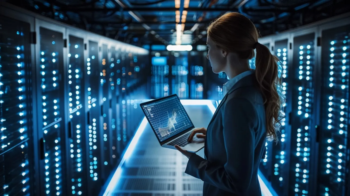 Características clave de las herramientas DCIM Técnico de TI en la sala de servidores sostiene una computadora portátil para analizar información