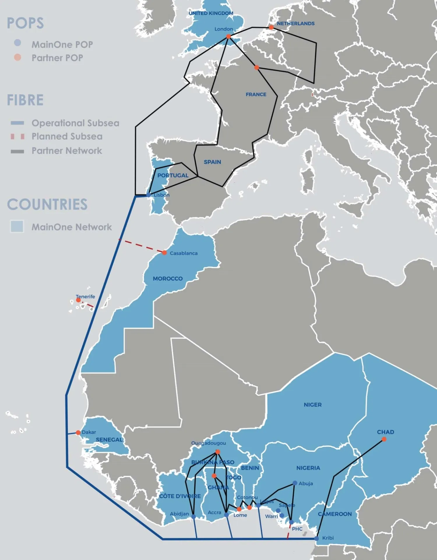 Mapa de la red de cables submarinos de fibra terrestre MainOne