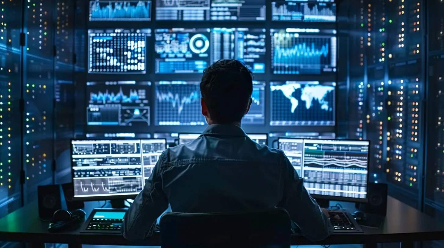 Hombre sentado frente a pantallas de computadora dentro de la sala de servidores de monitoreo de un centro de datos