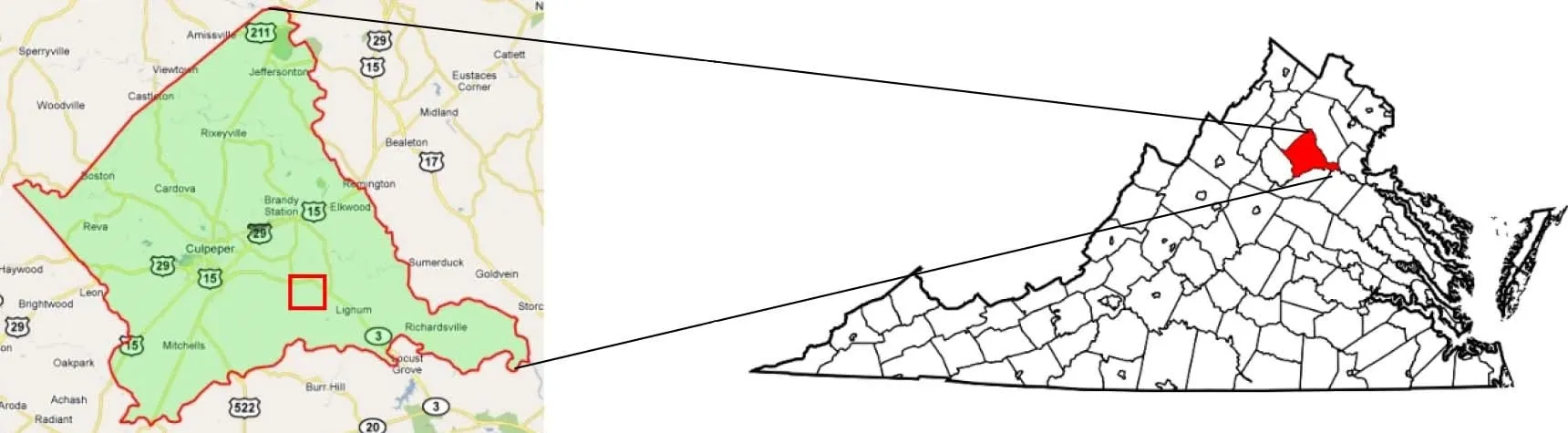 Mapa de Stevensburg y el condado de Culpeper Virginia