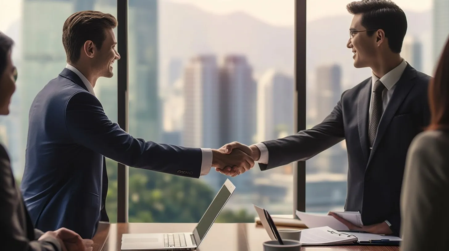 Fusiones y Adquisiciones M&A se dan la mano en la oficina con vista a la ciudad de fondo