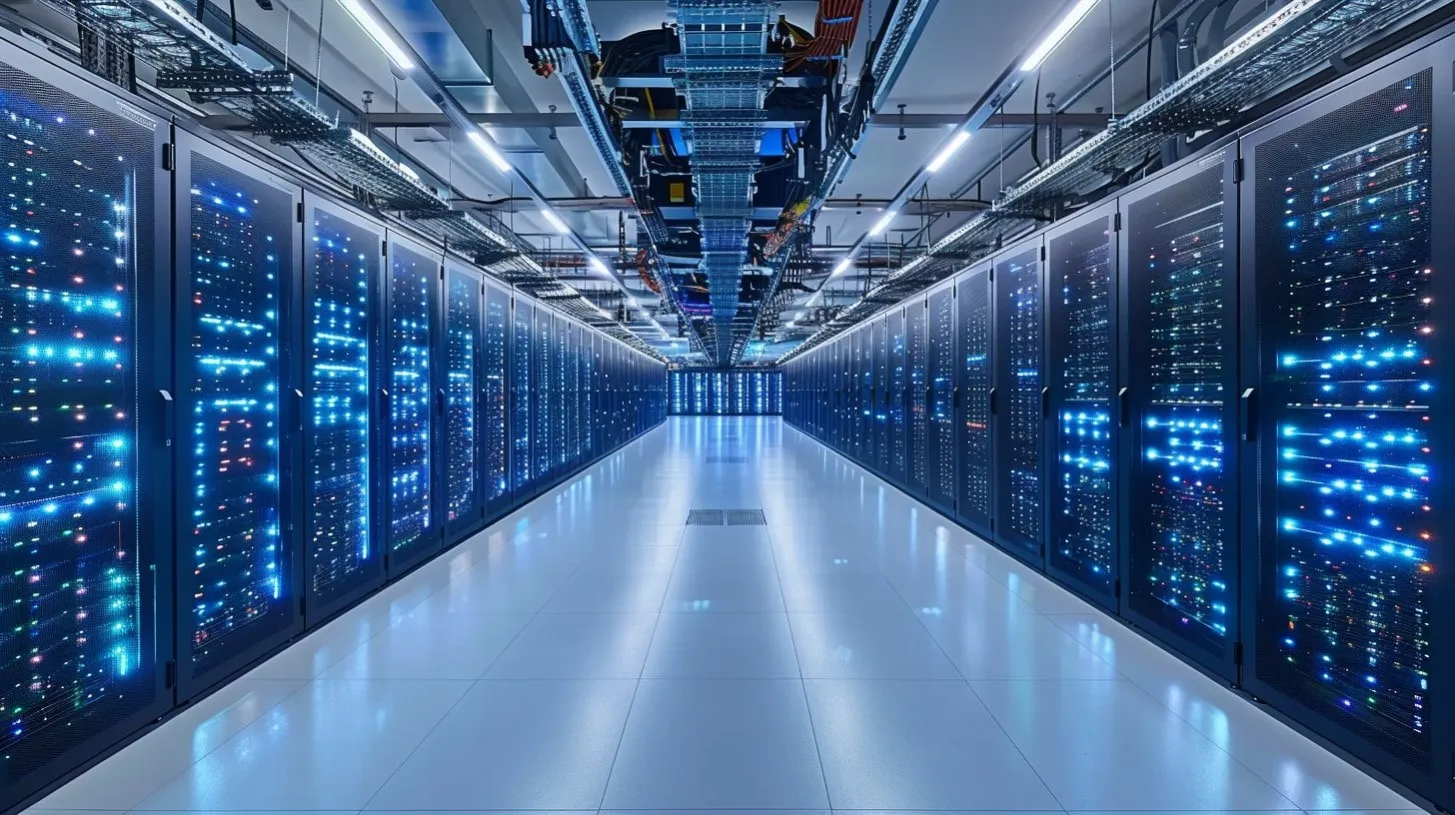 Instalación informática con filas de racks de servidores iluminados en azul e infraestructura de administración de cables aéreos