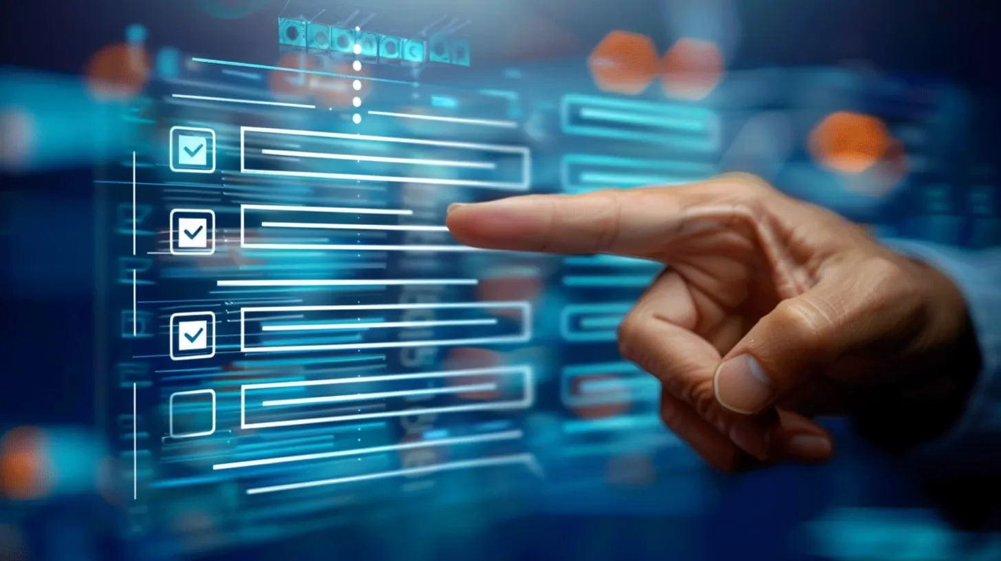 Principios de la arquitectura del centro de datos moderno La persona señala con el dedo la superposición de la lista de verificación transparente