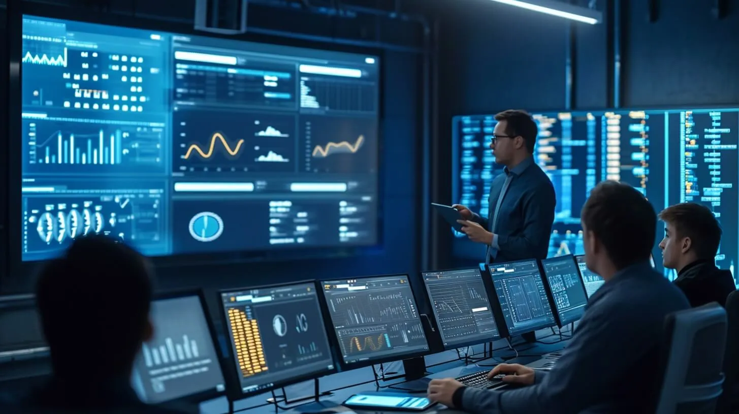 Equipo NOC del Centro de Operaciones de Red Trabajando Juntos y Analizando el Entorno de las Instalaciones