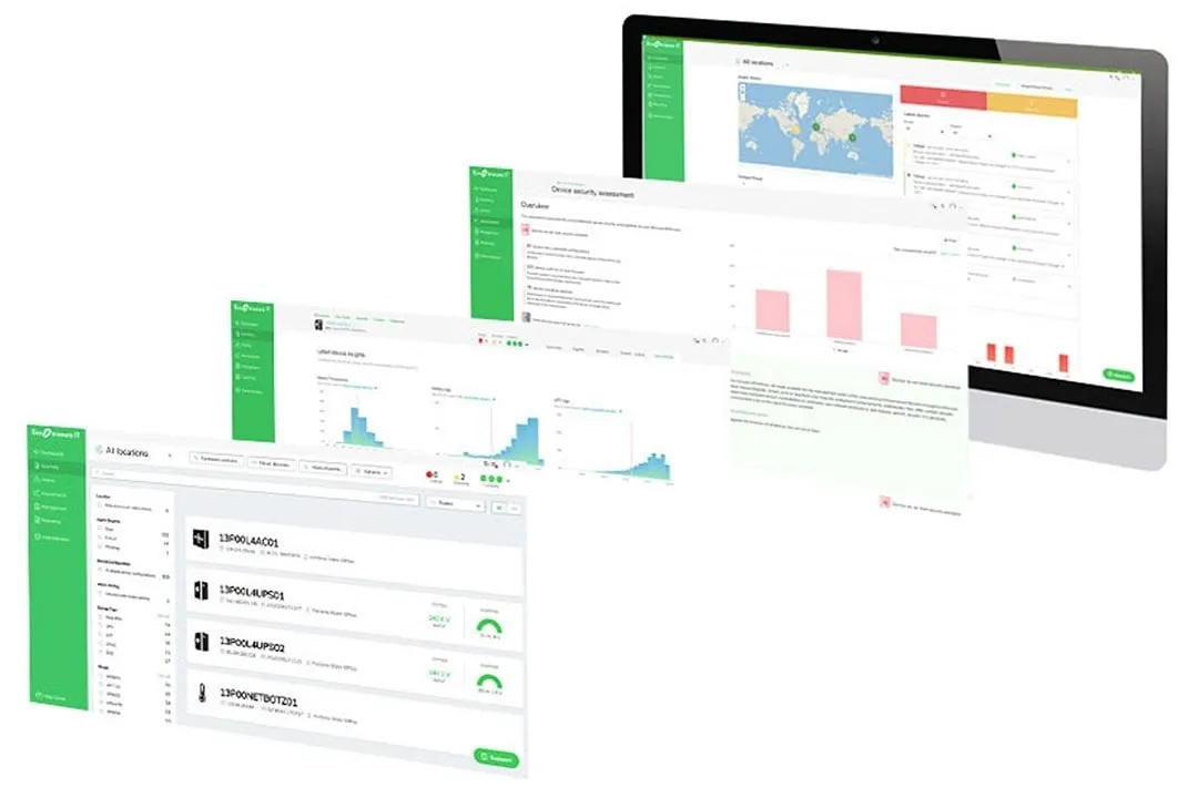 Pantallas en cascada que muestran los paneles del software DCIM de administración de infraestructura del centro de datos