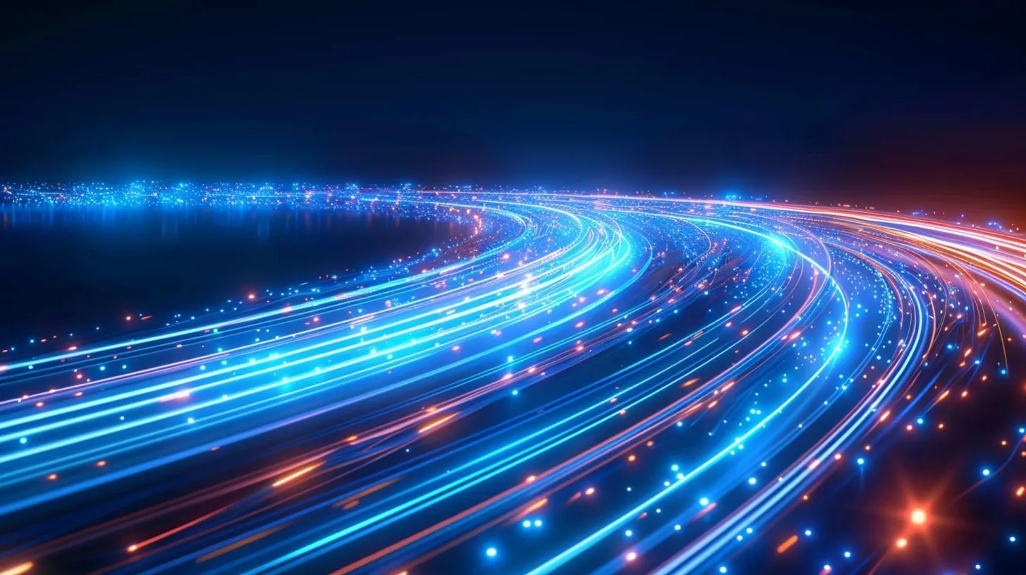 Arquitectura de red para centros de datos mostrada a través de líneas brillantes digitales dinámicas y vibrantes con movimiento