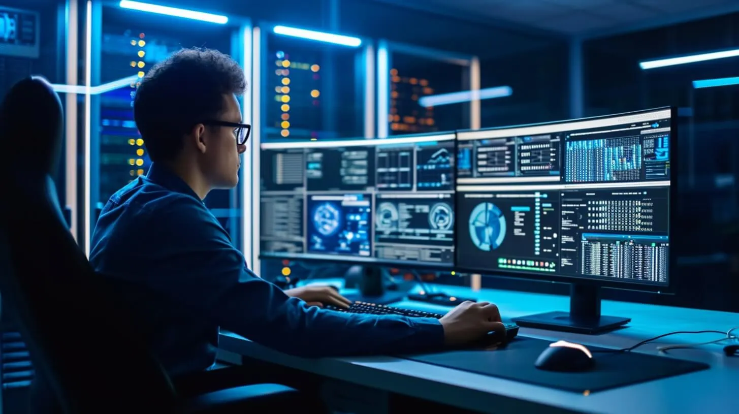 Network Facility Manager trabajando en sala diseñada para seguridad en un centro de datos