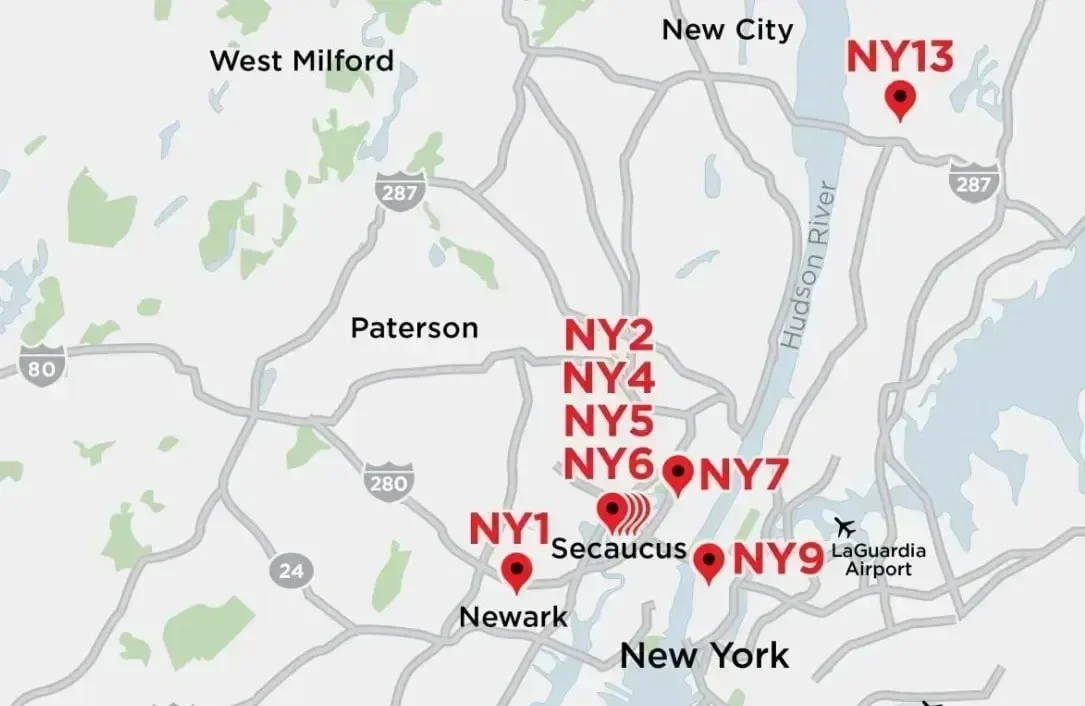 Mapa de Nueva York y Nueva Jersey que muestra los centros de datos de Equinix
