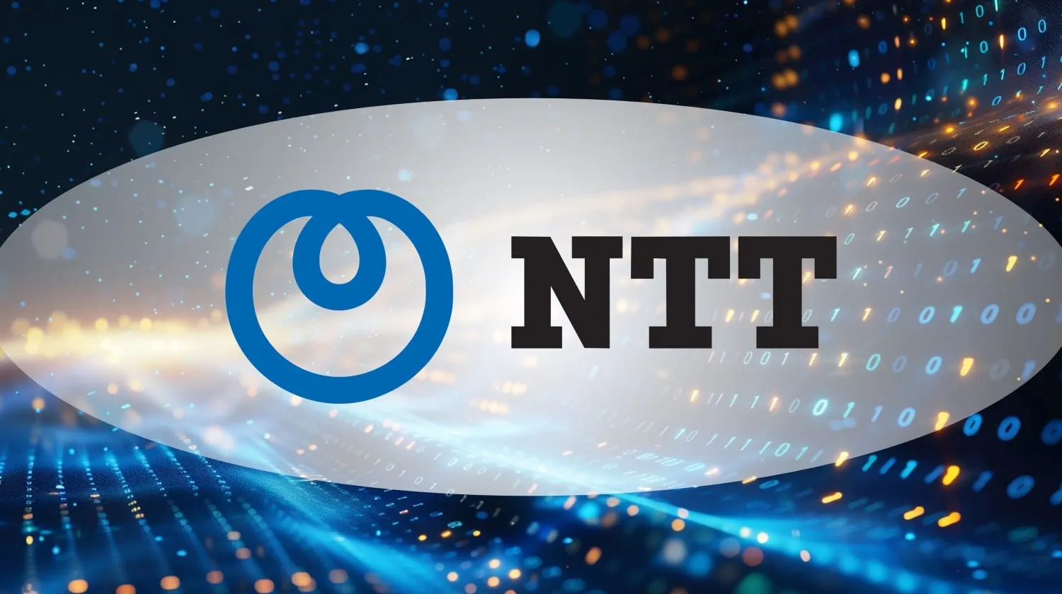 Fondo de Tecnología Digital NTT con Código Binario Superpuesto Azul y Servicios Gestionados