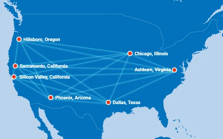 Mapa de Estados Unidos de NTT Global Data Centers