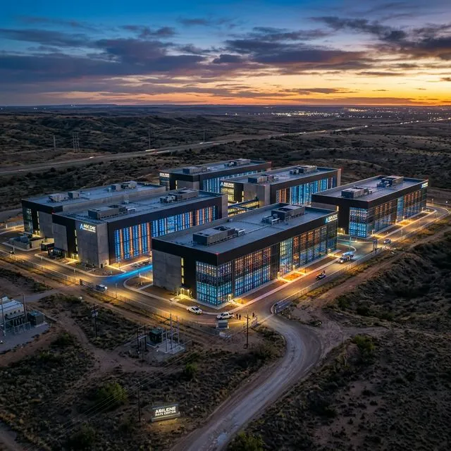 Vista aérea fotorrealista del megacampus de 8 edificios del proyecto Stargate de Oracle y OpenAI en Abilene, Texas, al anochecer.