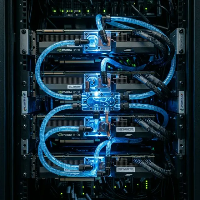 Racks de servidores con GPUs NVIDIA Blackwell y sistemas intensivos de refrigeración líquida.