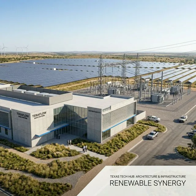 Estaciones de distribución de energía, subestaciones in-situ y arrays solares masivos junto al megacampus Stargate.