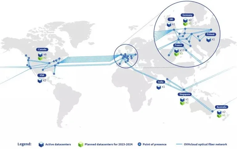 Mapa de regiones de nube pública y centros de datos de OVHcloud a 2023
