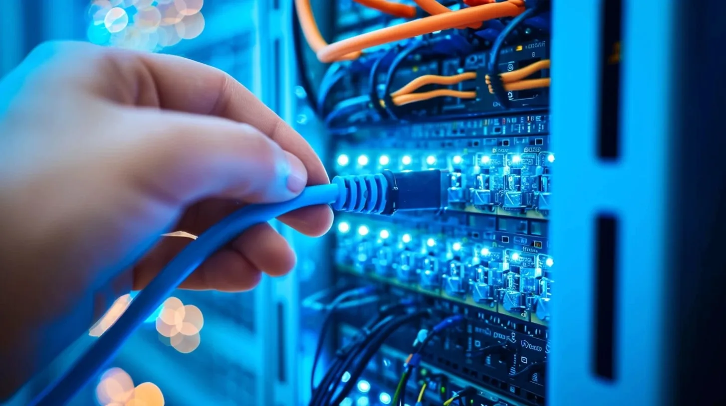 Técnico de TI conectando cable de red a rack de servidores en sala de informática