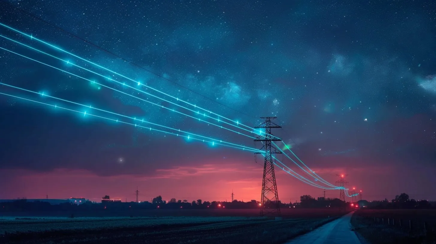 Monitoreo de Calidad de Energía PQM Representado por Líneas Eléctricas que Iluminan el Cielo en el Crepúsculo