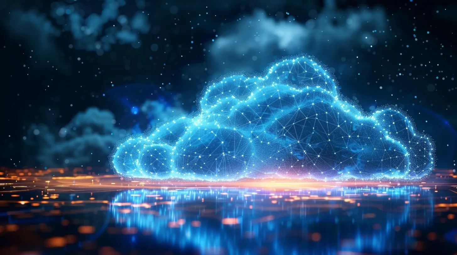 Nube privada brillando y flotando sobre una red reflectante vs paisaje público digital