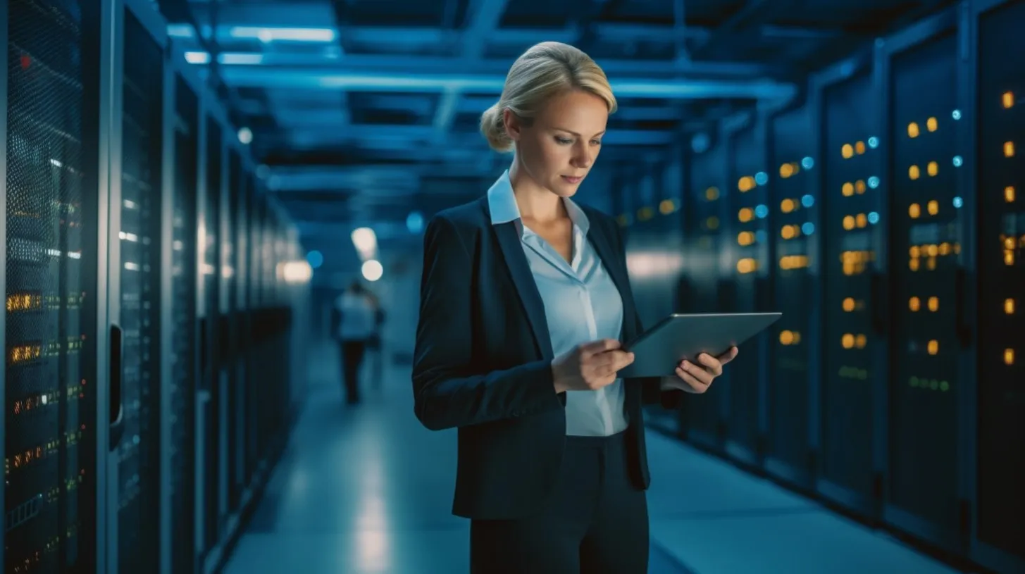 Profesional utiliza una tableta para analizar información en grandes salas de servidores